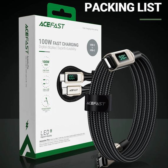 Дата кабель Acefast C6-03 USB-C to USB-C 100W zinc alloy digital display braided (2m) Silver | Зображення 3