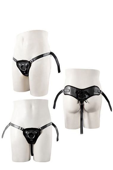 Трусики для страпону, пояс для фалоімітатора STRAPON BLACK PU HARNESS — чорні, 2 змінні кільця 40 і 54 мм | Зображення 1