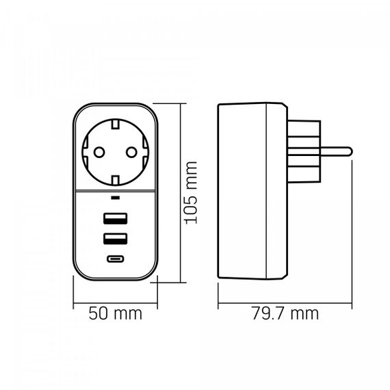 Сетевой адаптер с 2USB + USB-C и заземлением VIDEX ONCORD VF-AD1G2U1C-B Black | Зображення 7