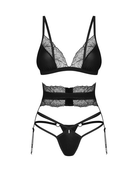Комплект Obsessive Lobellis 3-pcs set, M/L, чорний, ліф з м’якою чашкою, стрінги, пояс для панчіх | Зображення 2