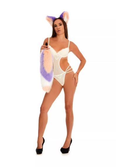 Анальний хутряний хвіст без пробки, Триколірний: Персиковий, фіолетовий, білий з персиковим кінчиком, OKOVA 50 см. Sex Aura | Зображення 3