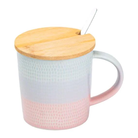 Чашка с бамбуковой крышкой и ложкой фарфоровая 350 мл Розовый HP7201P