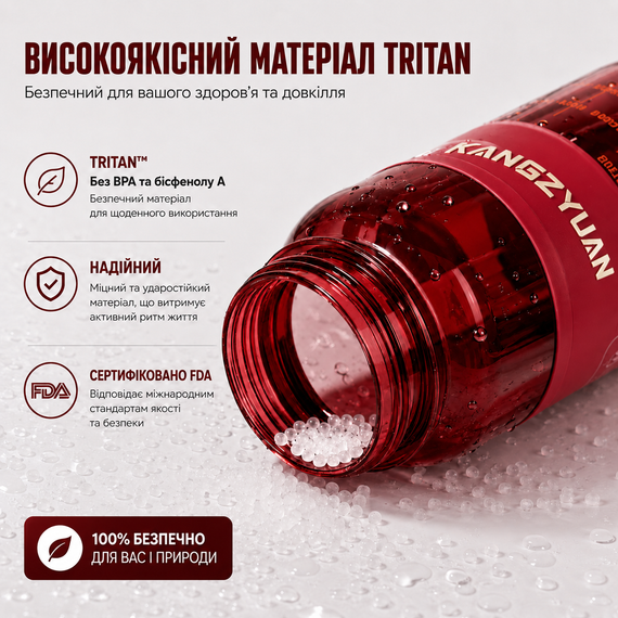 Спортивная бутылка для воды KANGZYUAN 1000 мл Красная, Tritan (BPA Free), ударопрочная с ремешком | Зображення 7