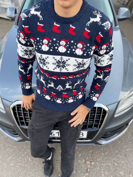 Мужской новогодний свитер Снеговик с оленями PA2656 цвет синий, размер XL | Зображення 1