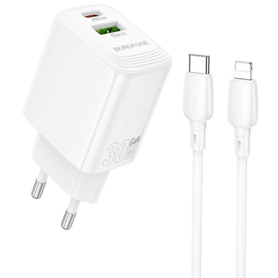 МЗП Borofone BN29 Fuente PD30W+QC3.0 (1USB-A/1C) + кабель Type-C to Lightning White