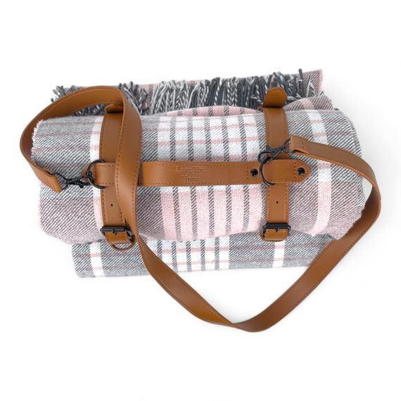 Плед тревел хлопковый клетка розовый с ремнем Love You | Зображення 1