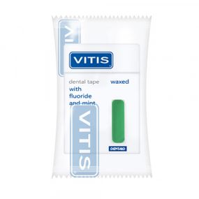 Широка зубна стрічка VITIS, покрита воском, з фтором, м'ятний смак, блістер, 50 м (DENTAID)