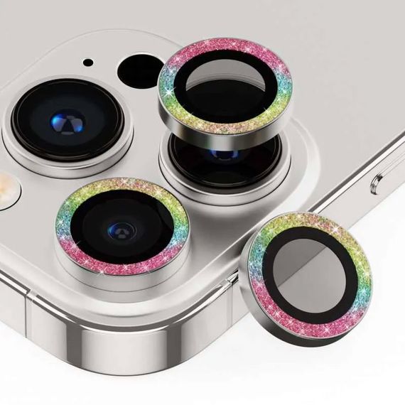 Захисне скло Metal Sparkles на камеру (у упак.) для Apple iPhone 15 Pro (6.1") /15 Pro Max (6.7") Бузковий / Rainbow | Зображення 2