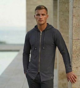 Чоловіча трикотажна сорочка темно-сіра з капюшоном на блискавці, літня демісезонна кофта кулір 44