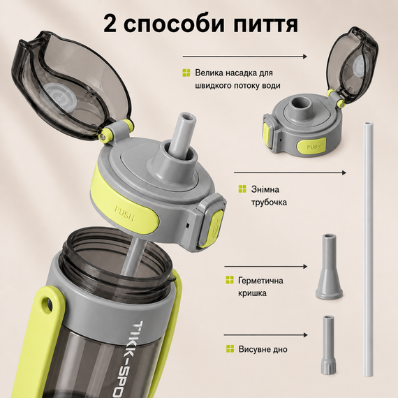 Бутылка для воды TKK 1400 мл (1,4 л) Tritan, с мерной шкалой, соломинкой и ремешком, серая | Зображення 2
