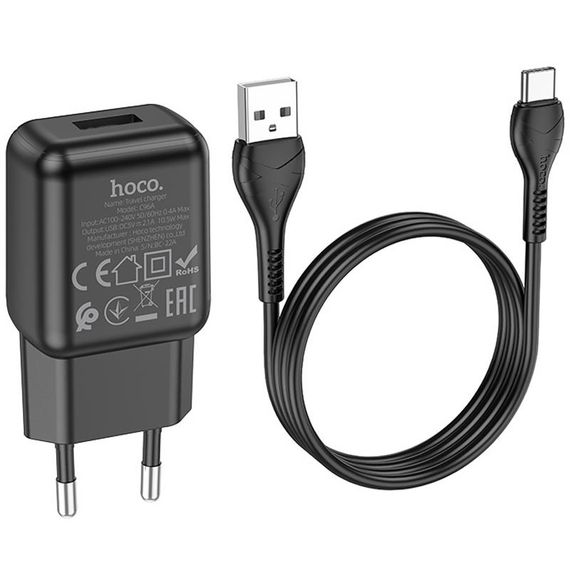МЗП Hoco C96A 2.1A (1USB-A) + кабель USB to Type-C Black | Зображення 3
