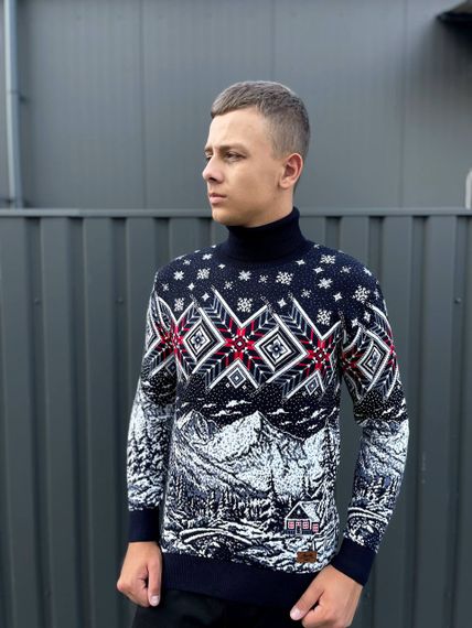 Мужской новогодний свитер с узорами PA2654 цвет синий, размер M