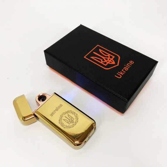 Дугова електроімпульсна запальничка USB Герб України індикатор заряду, ліхтарик HL-442. Колір: золотий | Зображення 8