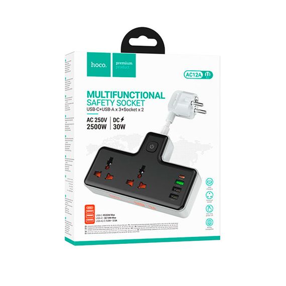 Мережевий фільтр HOCO AC12A на 2 розетки + 3 USB + USB-C, 30W, кабель 1м, 220В | Зображення 2
