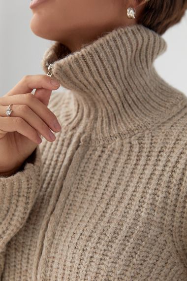 Кардиган на блискавці з крупної в'язки - бежевий цвет, ONE SIZE (є розміри) | Зображення 3