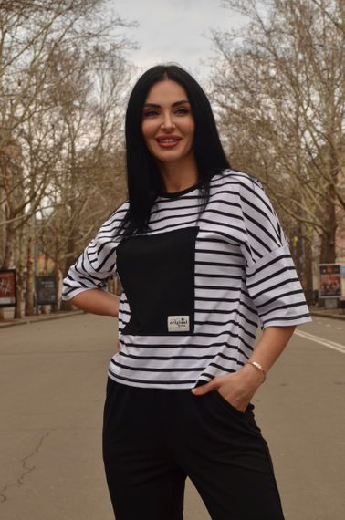 Женский летний споривный костюм штаны и футболка в полоску  GF1712 цвет черный размер 50/52 | Зображення 4