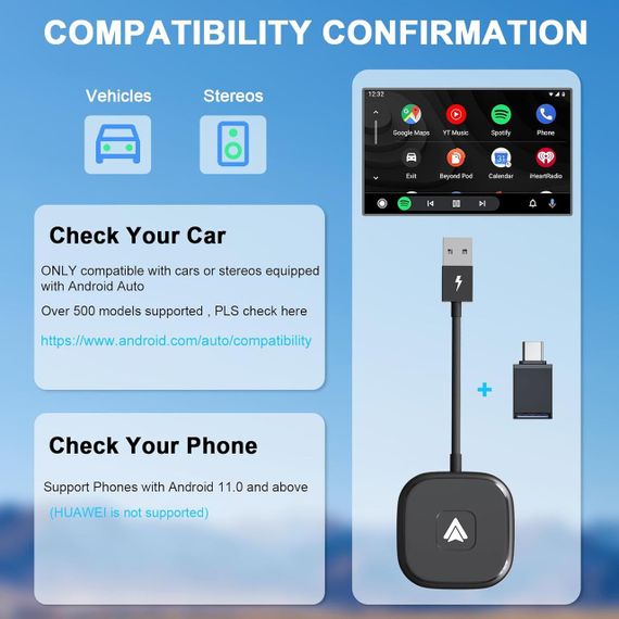 Беспроводной адаптер для штатного Android Auto для Android 11 12 13 14, преобразование проводного с Bluetooth | Зображення 4