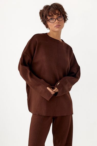 В'язаний костюм з вільною кофтою та широкими штанами - коричневий цвет, ONE SIZE (є розміри) | Зображення 2