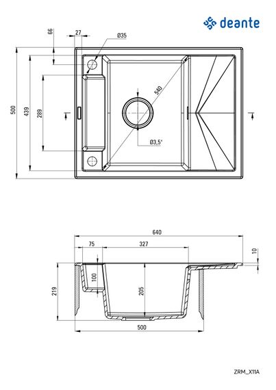 Мийка кухонна Deante Magnetic, граніт, прямокут., з крилом, 640х500х219мм, чаша - 1, врізна, чорний матовий (ZRM_N11A) | Зображення 1