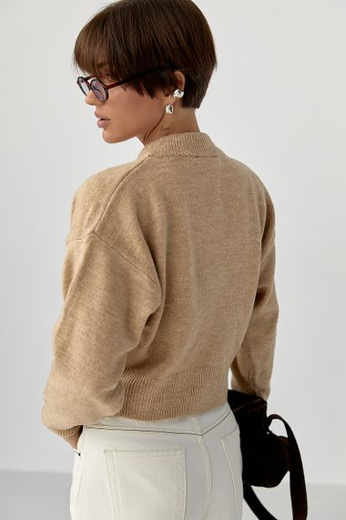 Теплий в'язаний короткий кардиган - світло-коричневий цвет, ONE SIZE (є розміри) | Зображення 1