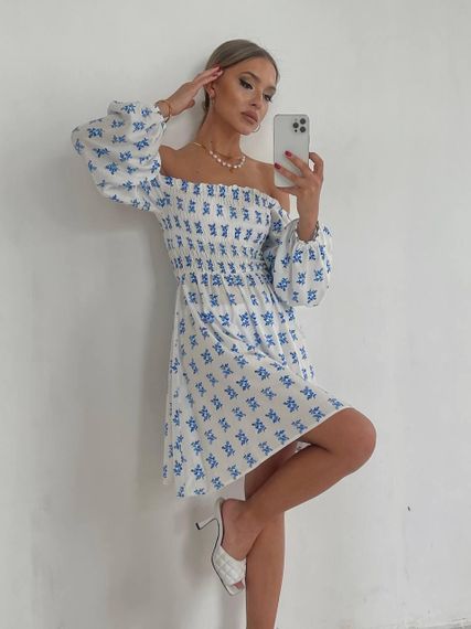Сукня-резинка в квітковий принт Блакитний, XL | Зображення 4