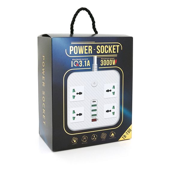 Мережевий фільтр ТВ-Т90, 4 розетки + 3 USB, 2 м, перетин 3х0, 75мм, 3000W, White | Зображення 1