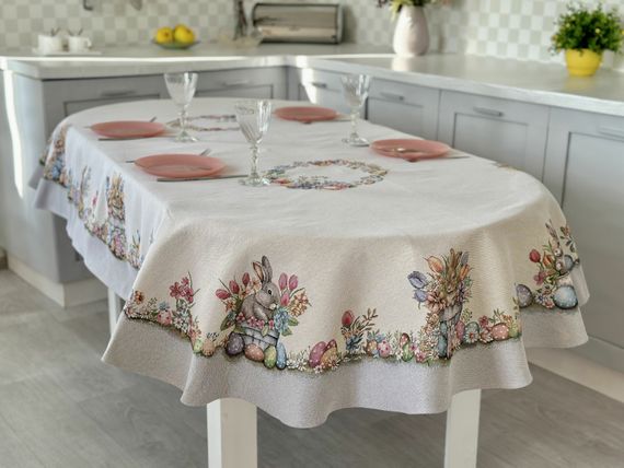 Скатертина гобеленова овальна OVAL1289GR-240 Limaso, 137х240, Овальна, Великодній, Без люрексу, 75% поліестер, 22% бавовна, 3% акрил, Гобелен | Зображення 4