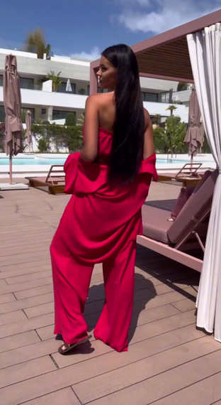 Женский летний костюм тройка брюки палаццо + рубашка + топ-бандо LY25030 цвет красный, размер 42/44 | Зображення 4