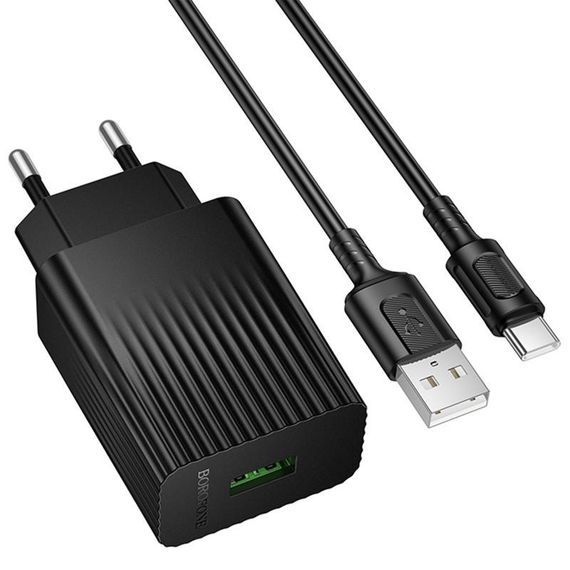 МЗП Borofone BAS72A Source QC3.0 (1USB-A) + кабель USB to Type-C Black