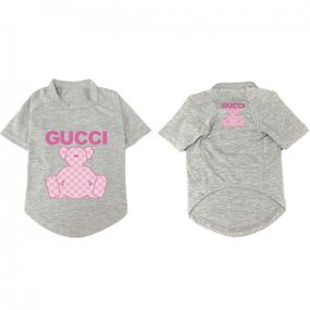 Брендовая футболка для собак Gucci с розовым мишкой, серая