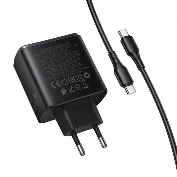 СЗУ Hoco C160A Upgrade PD65W+QC3.0 (1USB-A/2C) + кабель Type-C to Type-C Black | Зображення 5
