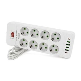 Сетевой фильтр F34U, 8 розеток EU + 4 USB + 2 PD, кнопка включения с индикатором, 2 м, 3х0,75 мм, 2500W, White, Box