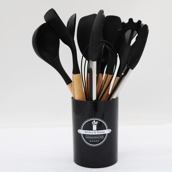 Набор кухонных принадлежностей из 12 предметов Kitchen Set, Черный / Силиконовый кухонный набор с подставкой | Зображення 8