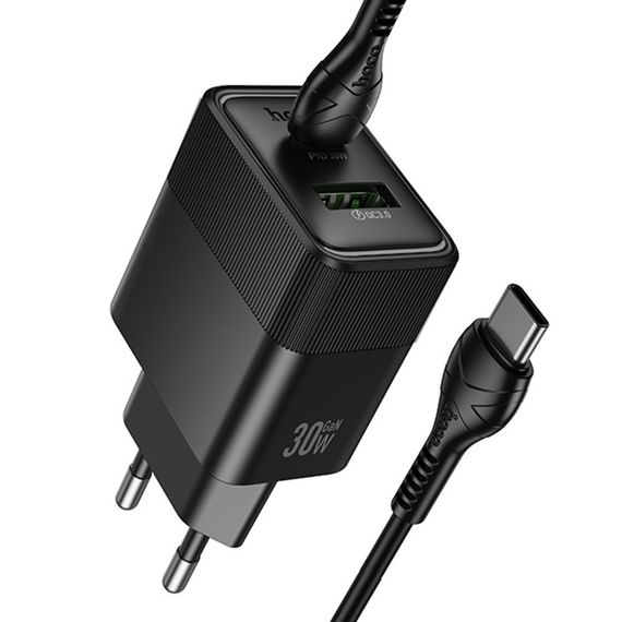 СЗУ Hoco CS112A Lounge PD30W+QC3.0 (1USB-A/1C) + кабель Type-C to Type-C Black | Зображення 3