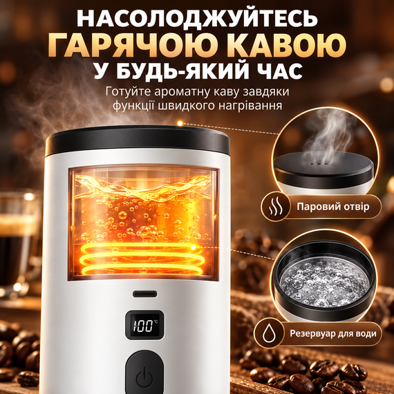 Портативна акумуляторна кавоварка 15 бар з підігрівом води 7800 мА·год для капсул і меленої кави USB Type-C біла | Зображення 6
