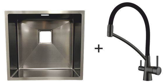 Мийка Quadro 49 Celldecor Nano Graphite + Змішувач FKM 3110 Black Steel 8213.401.0047
