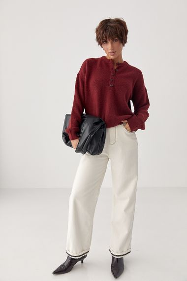 В'язана вільна кофта з ґудзиками на горловині - бордо цвет, ONE SIZE (є розміри) | Зображення 2