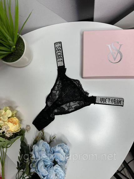 Женские кружевные стринги Victoria`s Secret со стразами, бикини стринги Виктория Сикрет M, Черный | Зображення 1