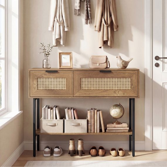Стол-консоль Costway Stockholm Rattan с полкой в прихожую лофт натуральный | Зображення 4