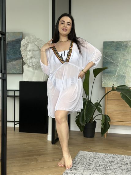 Біла пляжна туніка PLUS SIZE з орнаментом | Зображення 2