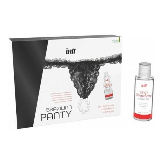 Набір Intt BRAZILIAN PANTY BLACK: трусики на резинці S-XL з перлинним кільцем + полунична змазка