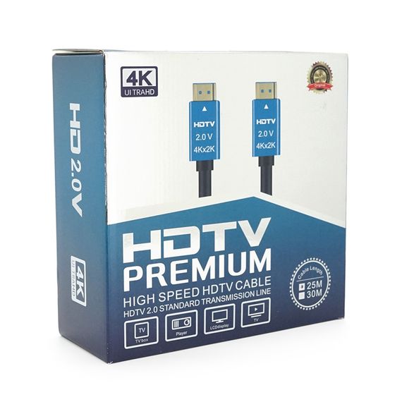 Кабель Merlion HDMI-HDMI 4Kx2K Ultra HD, 25.0m, v2,0, круглий Black, коннектор Blue, Blister-box, Q10 | Зображення 1