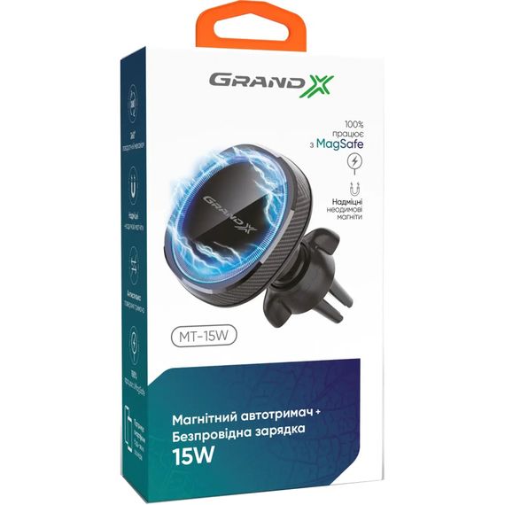 Універсальний автотримач Grand-X MT-15W MagSafe з зарядкою 15W (кріплення на дефлектор) (MT-15W) | Зображення 3
