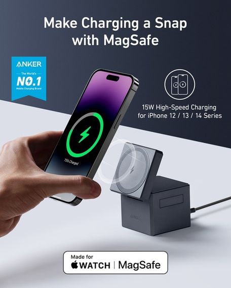 Бездротовий зарядний пристрій Anker MagGo Wireless Charging Station 15W 3-in-1 Cube Black | Зображення 7