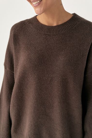 Вільний в'язаний джемпер із розрізами - коричневий цвет, ONE SIZE (є розміри) | Зображення 3