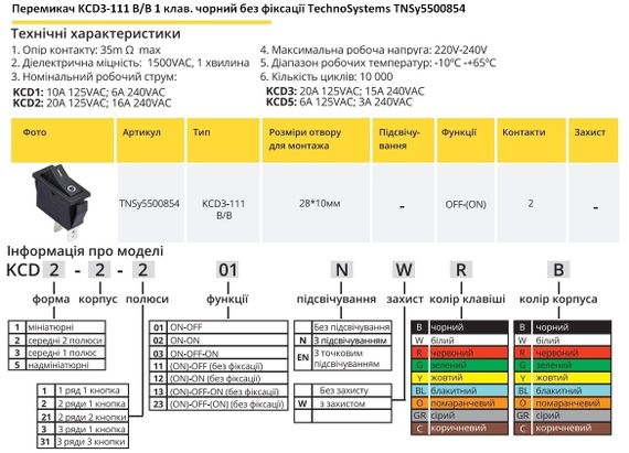 Перемикач KCD3-111 B/B 1 клавіша чорна без фіксації Ny95500854 | Зображення 1