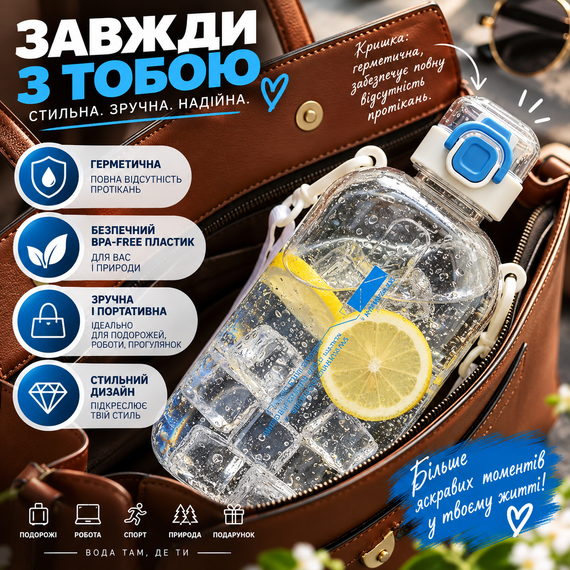 Спортивна пляшка для води SPORT 750 мл з ремінцем — багаторазова BPA-free пластикова пляшка з герметичною кришкою, бежево-синя | Зображення 5