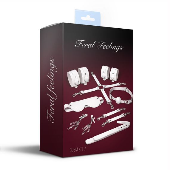 Набір Feral Feelings BDSM Kit 7 White, наручники, поножі, конектор, маска, падл, кляп, затискачі | Зображення 1