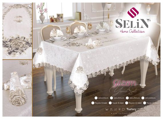 Велюрова скатертина Selin Gizem Set 160×220+8 серветок Кремова