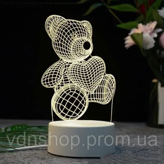 Настільний 3D акриловий світильник,декоративний настільний з об'ємним малюнком Ведмедик з серцем | Зображення 1
